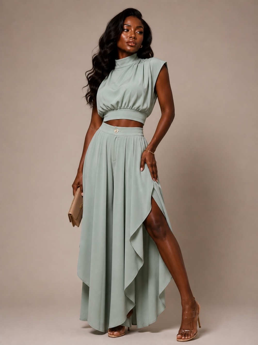 Two-Piece Draped Crop Top & Ruffle Pant  Set